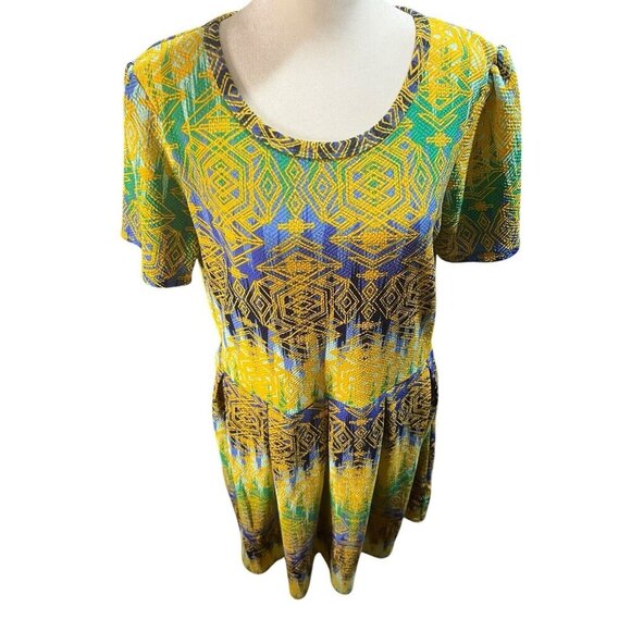 LuLaRoe Women's 3X Amelia Dress Yellow Blue Green Aztec Pleated Round Neck - Picture 2 of 9